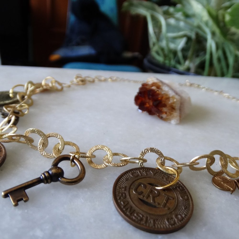Vintage Token/ Coin Charm Necklace Gold